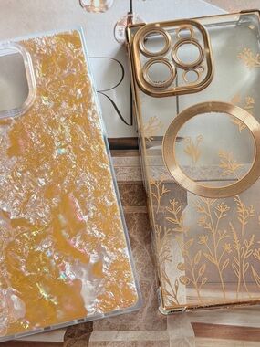 iphone 16 Pro max Case - Iridescent Pearl & Gold Floral iPhone Case Duo
